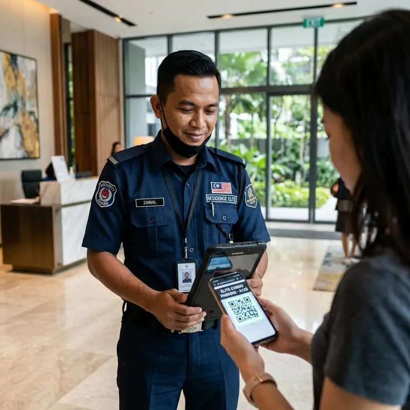 Security guard using handheld device to capture vehicle plate for cashless parking