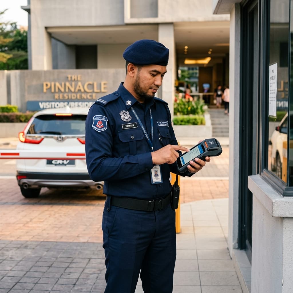 Malaysian security guard using ResiParq handheld device at condominium entrance