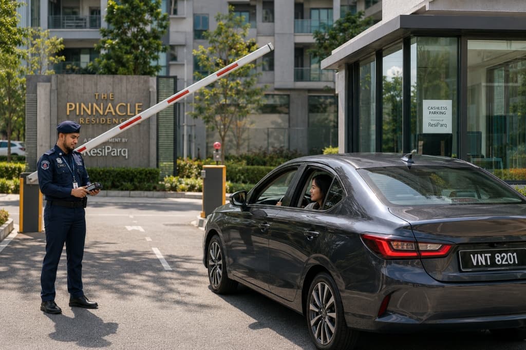 Barrier lifts as visitor exits The Pinnacle Residence after cashless payment