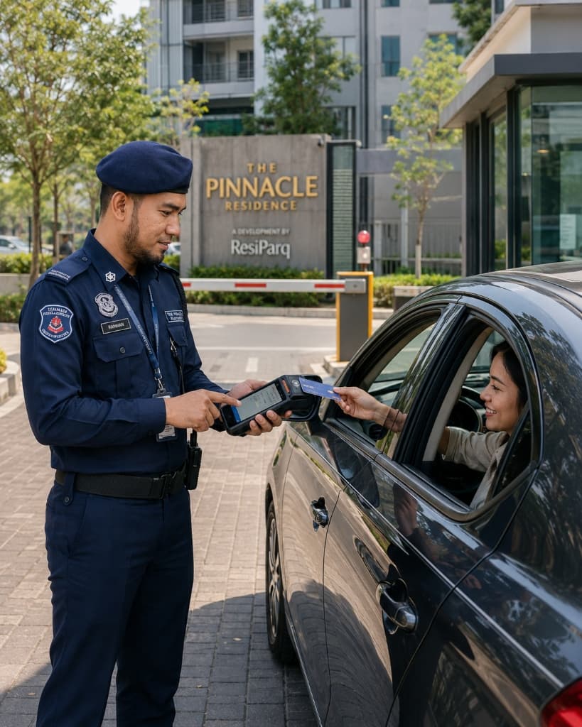 Security guard assisting visitor with ResiParq cashless parking at condominium entrance