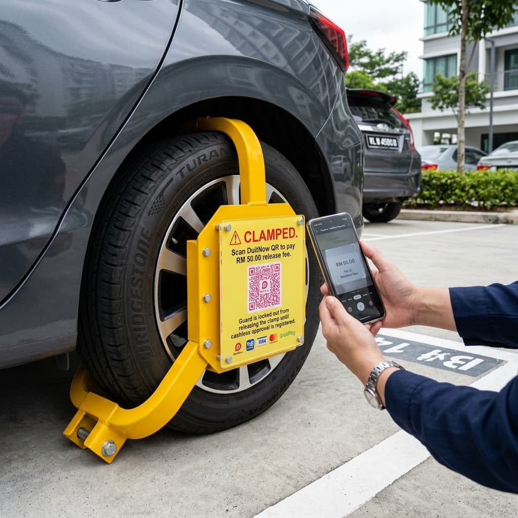 Professional security guard scanning yellow wheel clamp with ResiParq anti-bribery cashless release plaque
