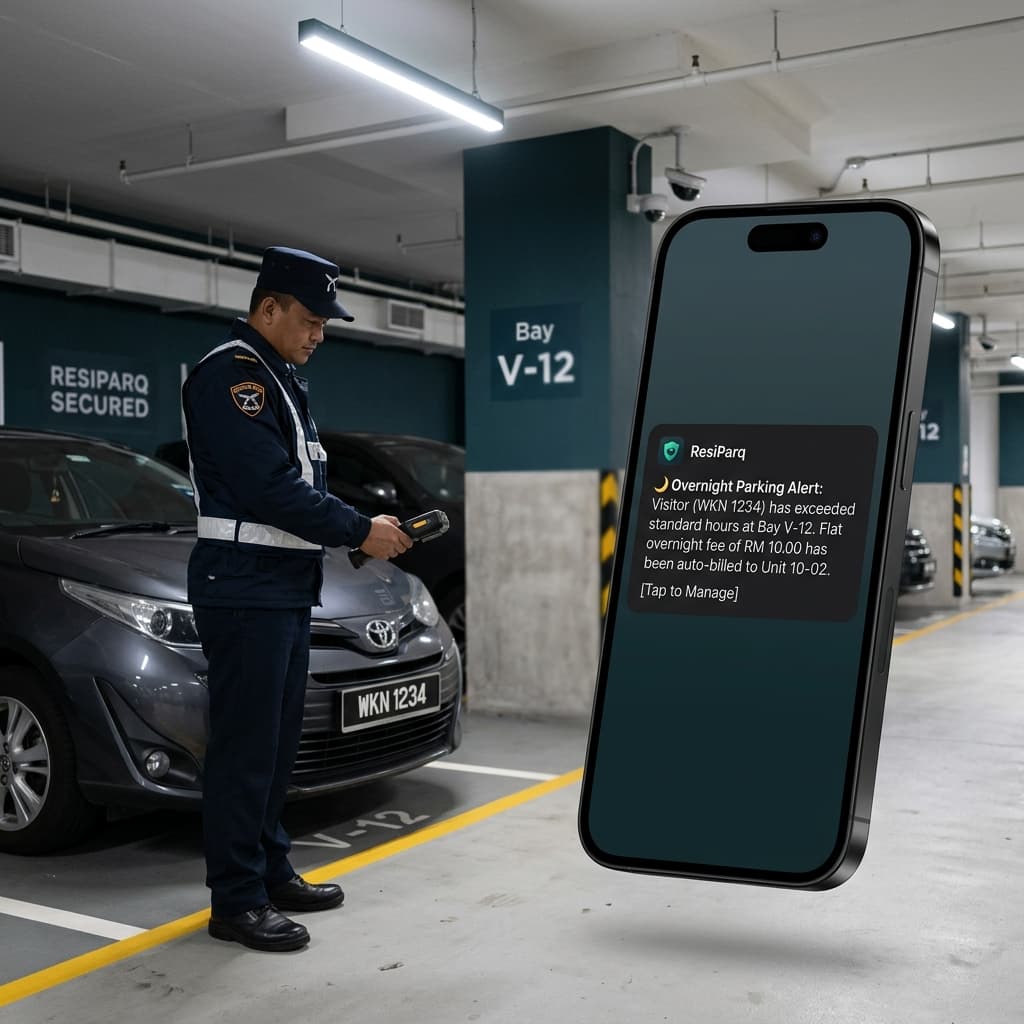 Professional security guard scanning plate at 2 AM with ResiParq resident app overnight alert overlay