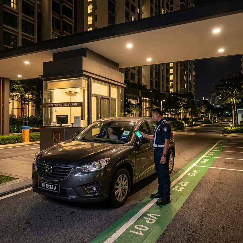 Modern condominium visitor parking area with handheld-operated cashless system